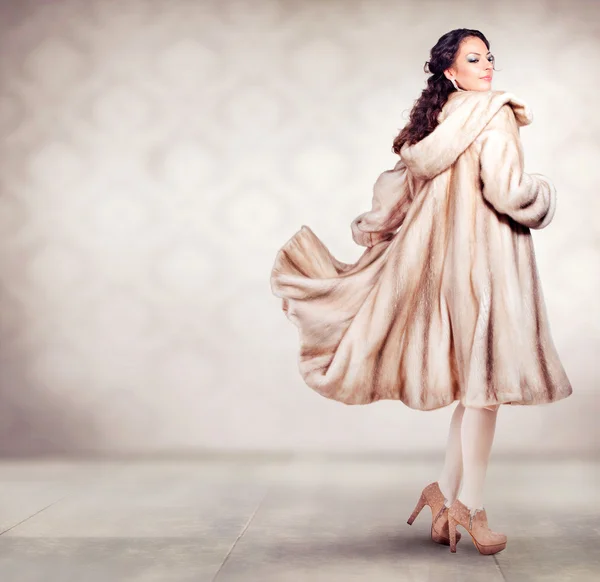 Fashion Beautiful Winter Woman in Luxury Fur Mink Coat Stock Photo