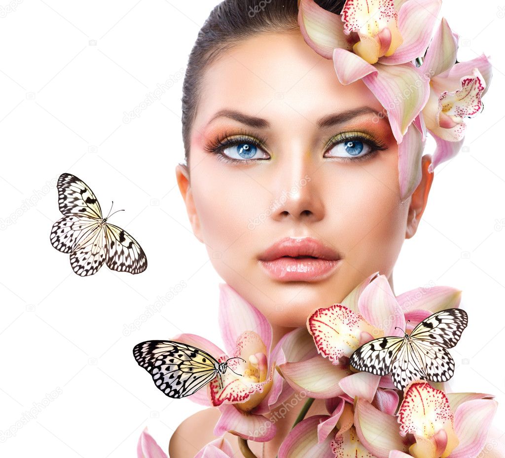 Beautiful Girl With Orchid Flowers and Butterfly ⬇ Stock Photo, Image