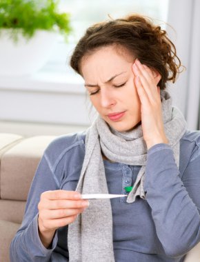 Headache. Sick Woman with Thermometer. Flu clipart