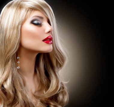 Beautiful Blond Woman with Holiday Makeup over Black clipart