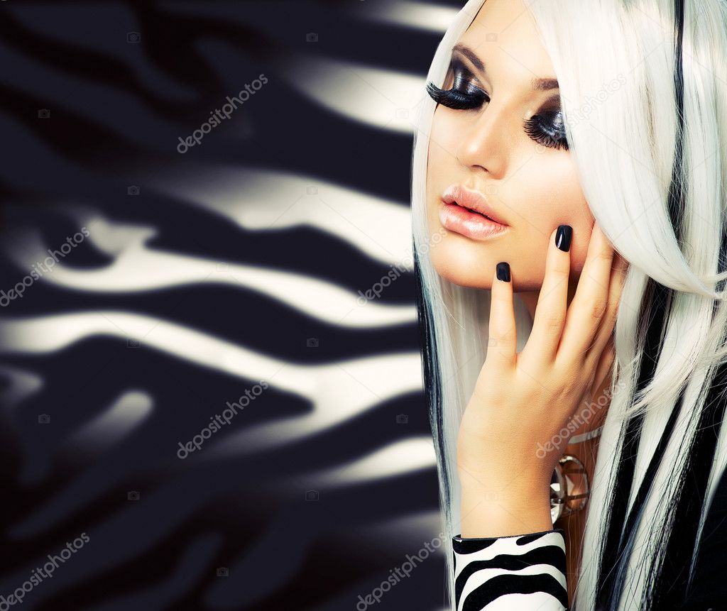 Beauty Fashion Girl black and white style. Long White Hair
