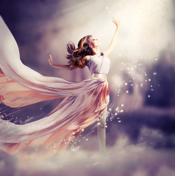 Beautiful Girl Wearing Long Chiffon Dress. Fantasy Scene — Stock Photo, Image