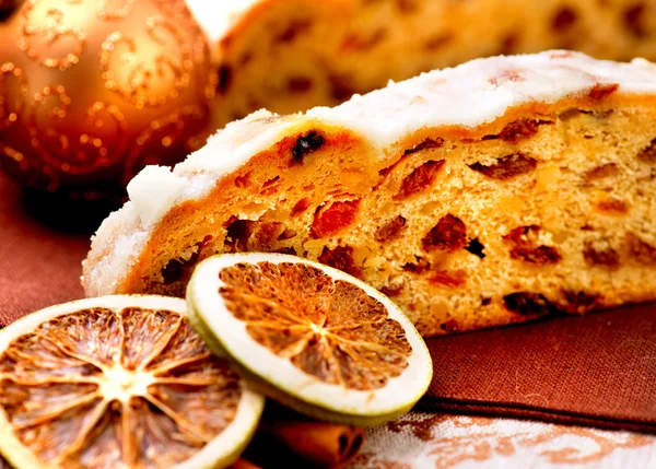 Christmas Stollen. Traditional Sweet Fruit Loaf with Icing Sugar — Stock Photo, Image