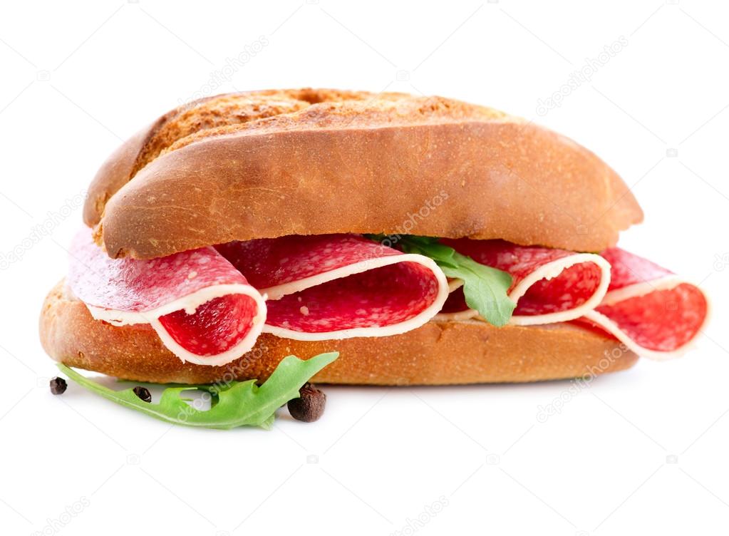 Sandwich with Salami isolated on a White Background