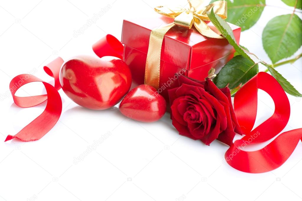 Valentines Hearts, Rose Flower and Gift Box isolated on white