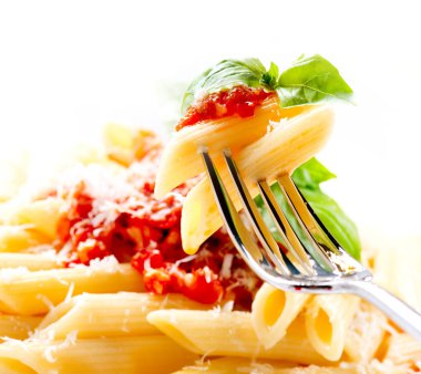 Pasta Penne with Bolognese Sauce, Basil and Parmesan