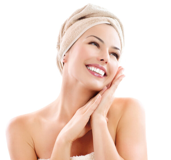 Beautiful Girl After Bath Touching Her Face. Skincare