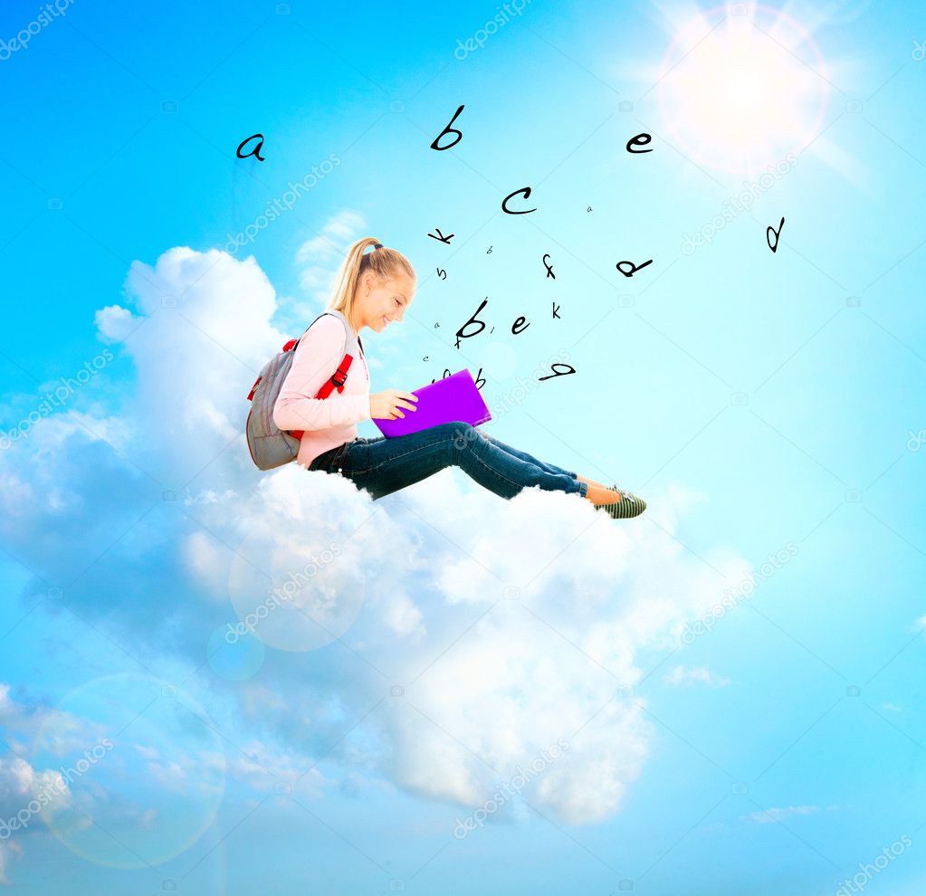 School Girl or Student on a Cloud Reading a book. Education