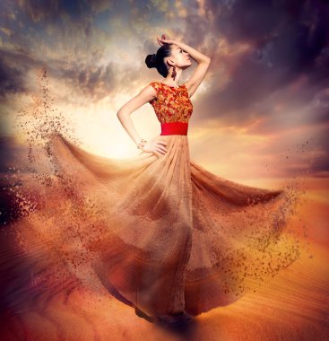 Dancing Fashion Woman wearing Blowing Long Chiffon Dress clipart