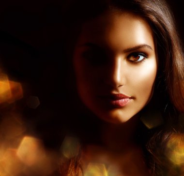 Beauty Girl Dark Portrait with Golden Sparks. Mysterious Woman clipart