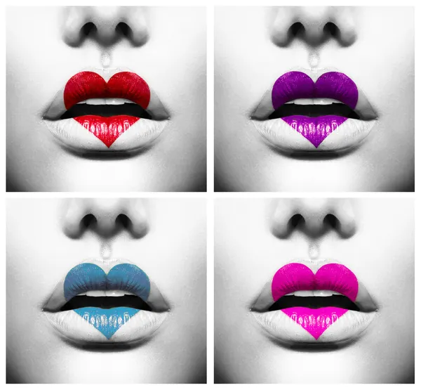 Collage of Beauty Sexy Lips with Colorful Heart Shape paint — Stock Photo, Image