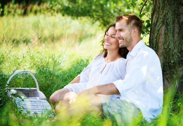 Pareja joven de picnic en un parque. Familia feliz al aire libre —  Fotos de Stock