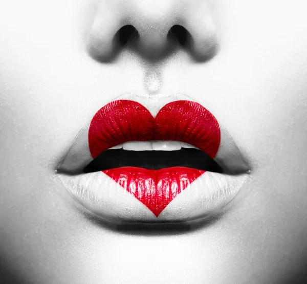 Beauty Sexy Lips with Heart Shape paint — Stock Photo, Image