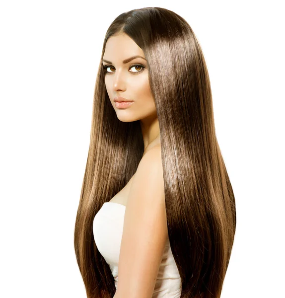 Güzellik kadın yumuşak kahverengi saçlı uzun sağlıklı ve parlak — Stok fotoğraf