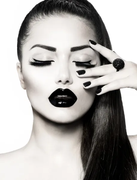 Black and White Brunette Girl Portrait. Trendy Caviar Manicure — Stock Photo, Image