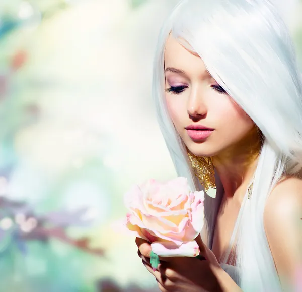 Beautiful Spring Girl With Rose Flower. Fantasy — Stock Photo, Image