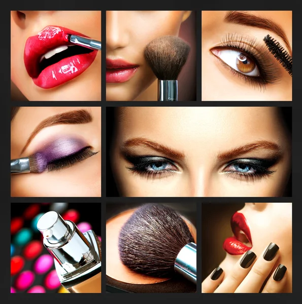 Maquillaje Collage. Detalles de maquillaje profesional. Cambio de imagen —  Fotos de Stock