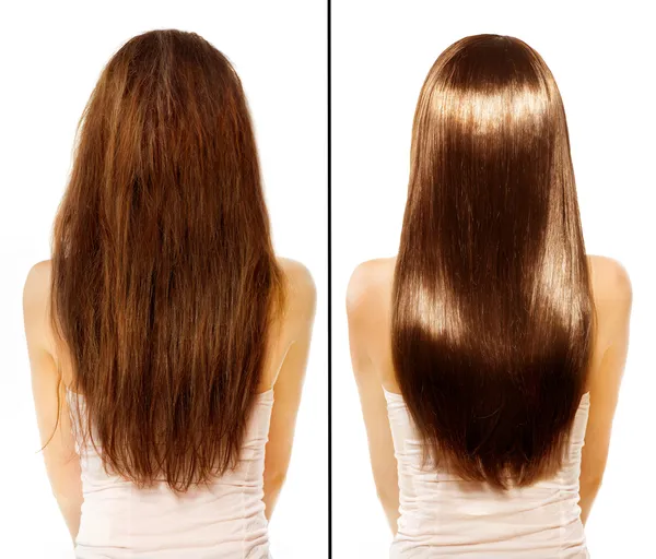 Przed i po leczeniu włosów zniszczonych — Zdjęcie stockowe