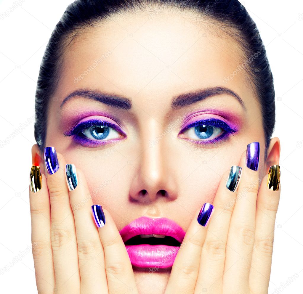 Beauty Makeup. Purple Make-up and Colorful Bright Nails