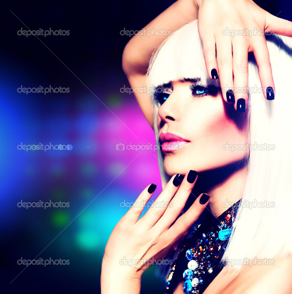 fashion disco party girl portrait. purple makeup and white
