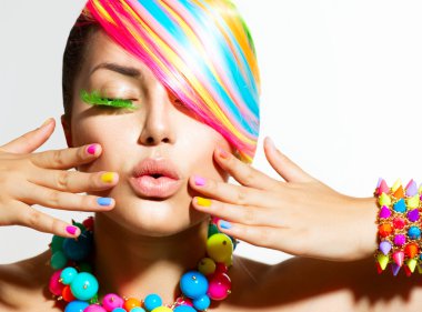Beauty Girl Portrait with Colorful Makeup, Hair and Accessories clipart