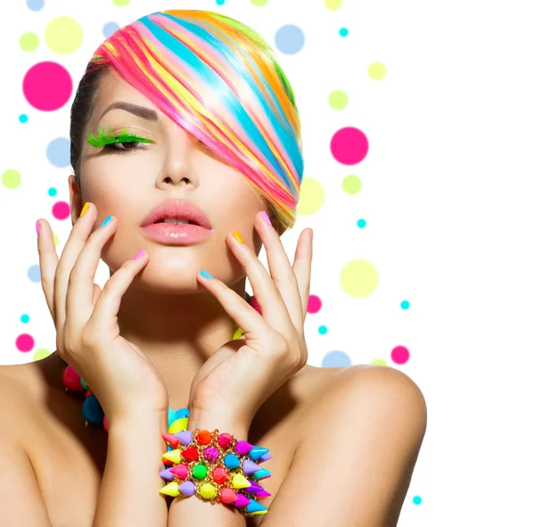 Beauty Girl Portrait with Colorful Makeup, Nails and Accessories — Stock Photo, Image