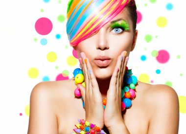 Beauty Girl Portrait with Colorful Makeup, Hair and Accessories clipart