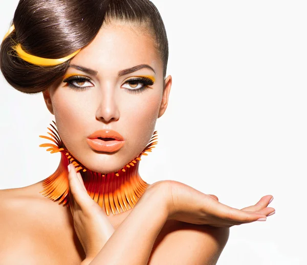 Fashion Model Girl Portrait with Yellow and Orange Makeup — Stock Photo, Image