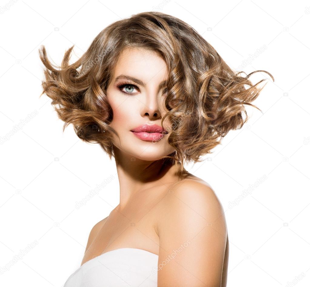 Beauty Young Woman Portrait Over White Short Curly Hair Stock