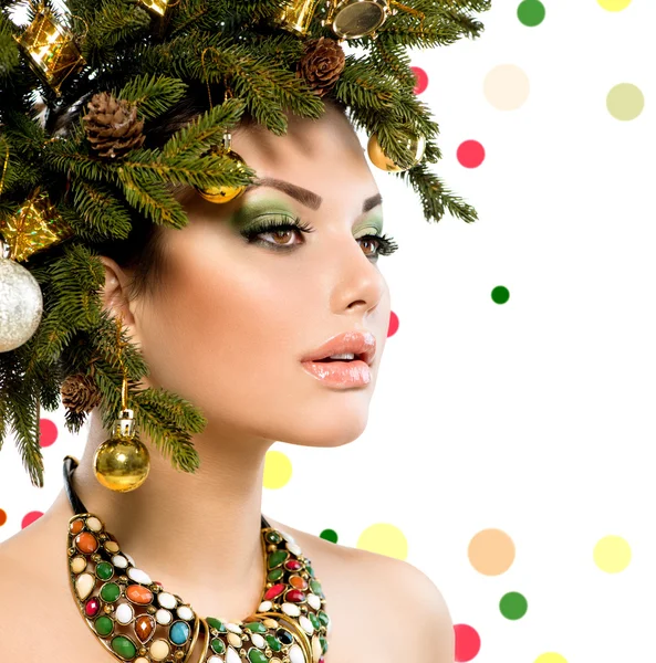 Christmas Woman. Christmas Holiday Hairstyle and Makeup — Stock Photo, Image