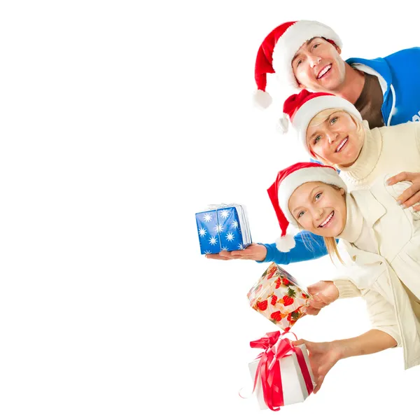 Glückliche Weihnachtsfamilie mit Geschenken. Grenzgestaltung — Stockfoto