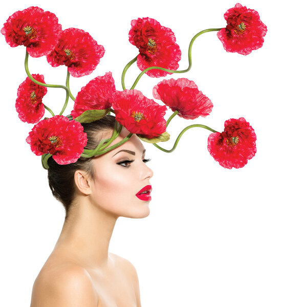 Beauty Fashion Model Woman with Red Poppy Flowers in her Hair