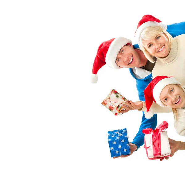 Glückliche Weihnachtsfamilie mit Geschenken. Grenzgestaltung — Stockfoto