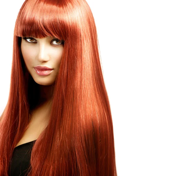 Mujer sexy con el pelo largo y brillante de color rojo recto aislado en blanco —  Fotos de Stock
