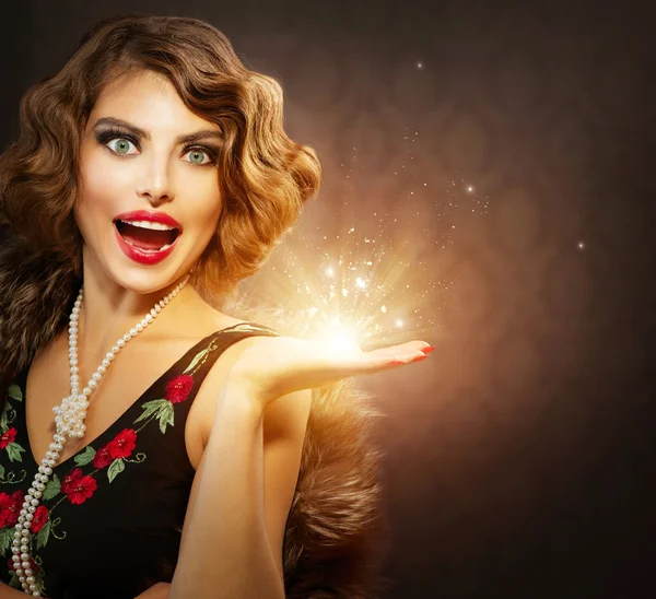 Retro Woman with Holiday Magic Gift in her Hand — Stock Photo, Image