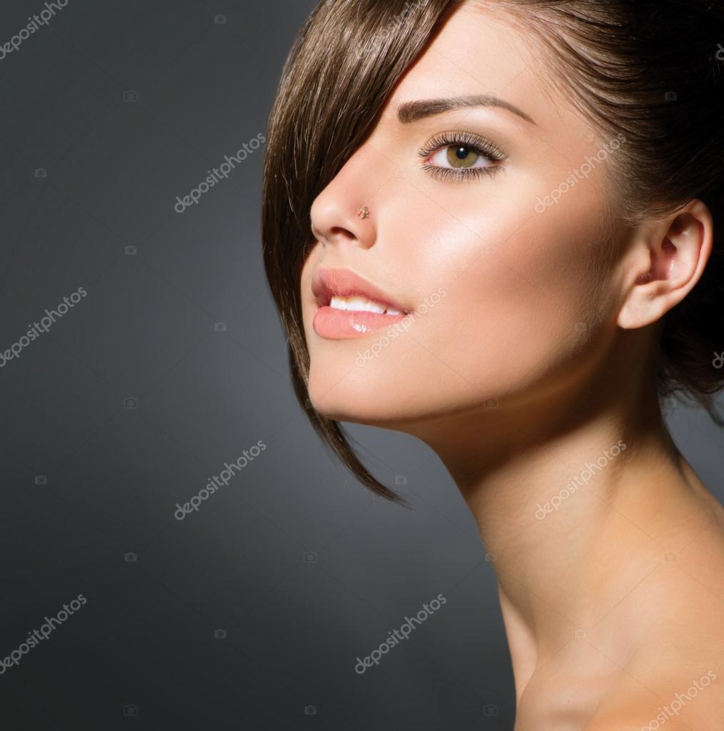 Stylish Fringe Teenage Girl With Short Hair Style Stock Photo