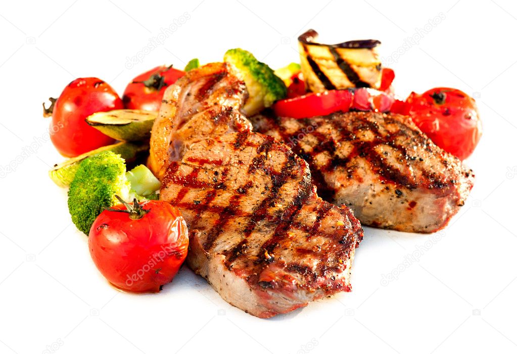 Grilled Beef Steak with Vegetables over White Background