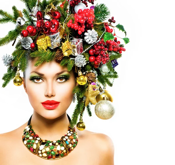 Jul kvinna. Christmas holiday frisyr och smink — Stockfoto