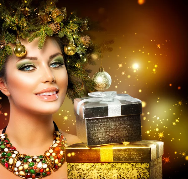 Christmas Winter Woman with Christmas Gifts — Stock Photo, Image