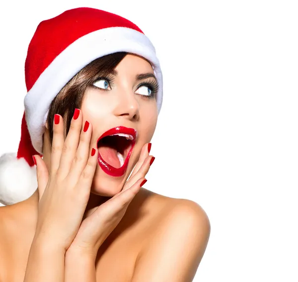 Mujer de Navidad. Belleza modelo chica en santa hat — Foto de Stock