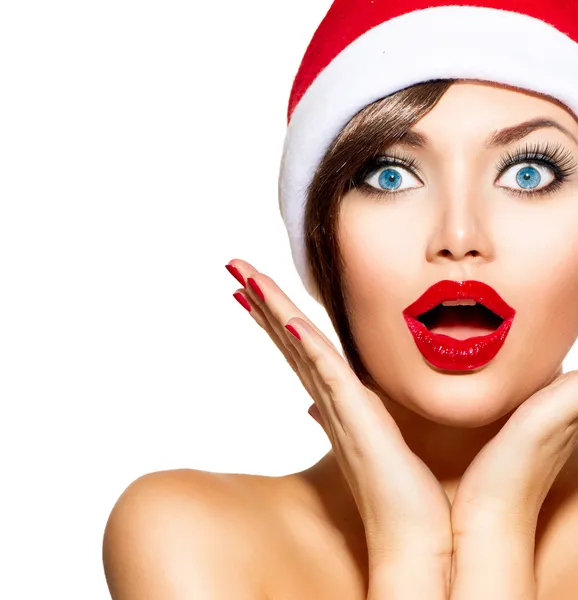 Christmas Woman. Beauty Model Girl in Santa Hat — Stock Photo, Image