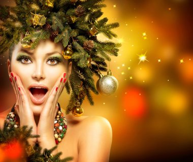 Noel kadın. Noel tatil saç ve makyaj