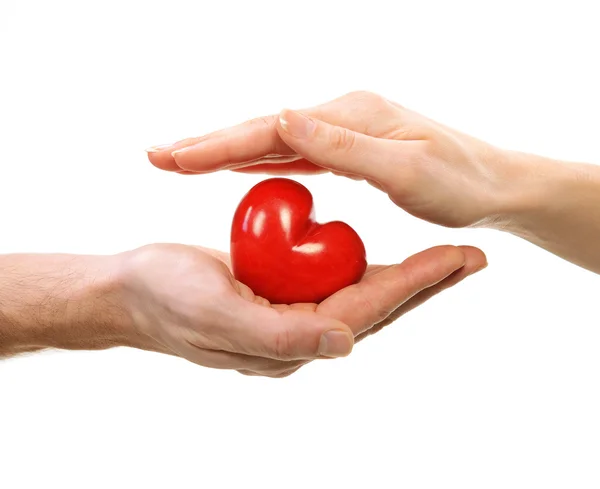 Valentine Heart in Man and Woman Hands isolated on White — Stock Photo, Image