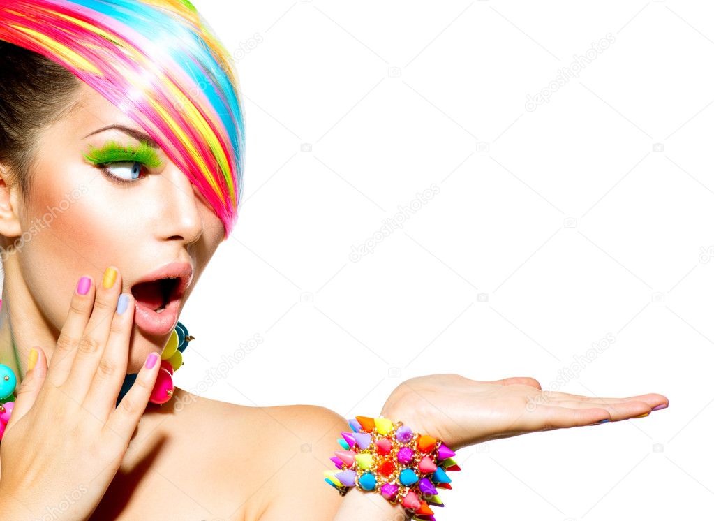 Beauty Woman with Colorful Makeup, Hair, Nails and Accessories