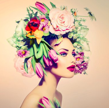 Spring Woman. Beauty Girl with Flowers Hair Style clipart