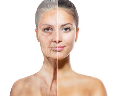 Aging and Skincare Concept. Faces of Young and Old Women clipart