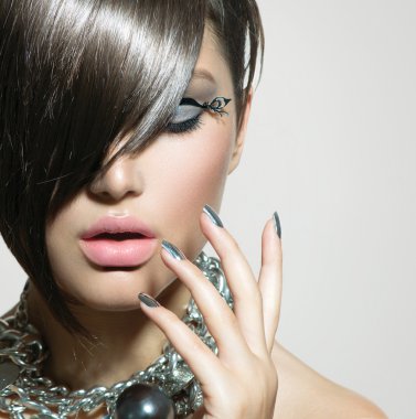 Fringe. Beauty Sexy Model Girl with Perfect Makeup and Manicure clipart