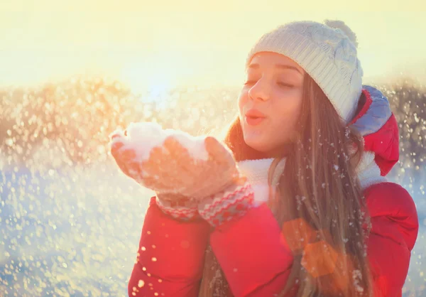 Bellezza inverno ragazza avendo divertimento in inverno parco — Foto Stock