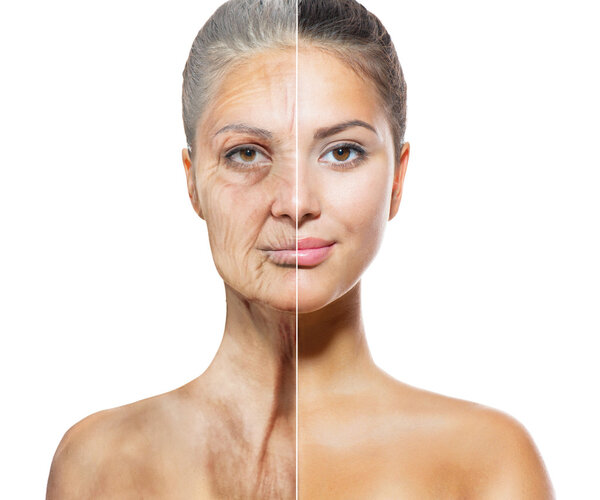 Aging and Skincare Concept. Faces of Young and Old Women