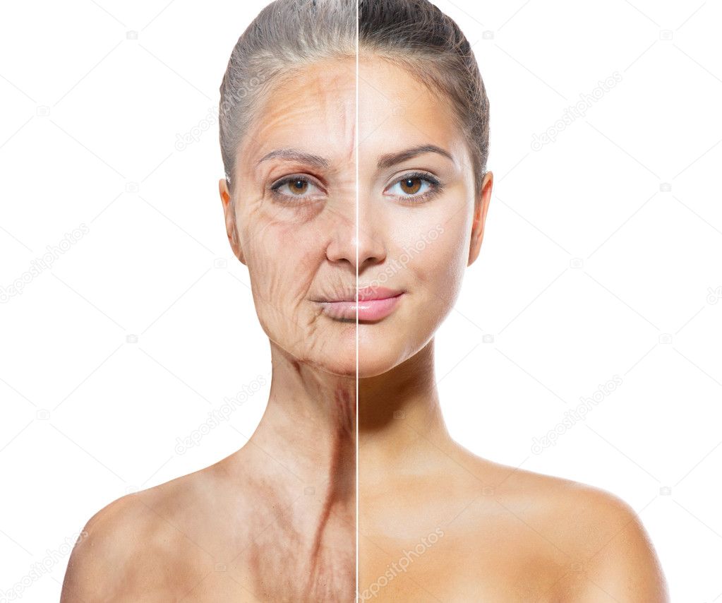 Aging and Skincare Concept. Faces of Young and Old Women